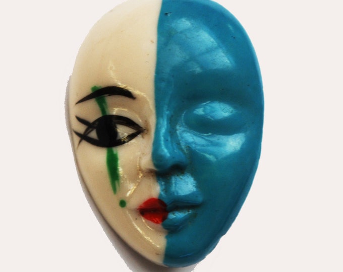 Women face brooch - Blue white - mask pin