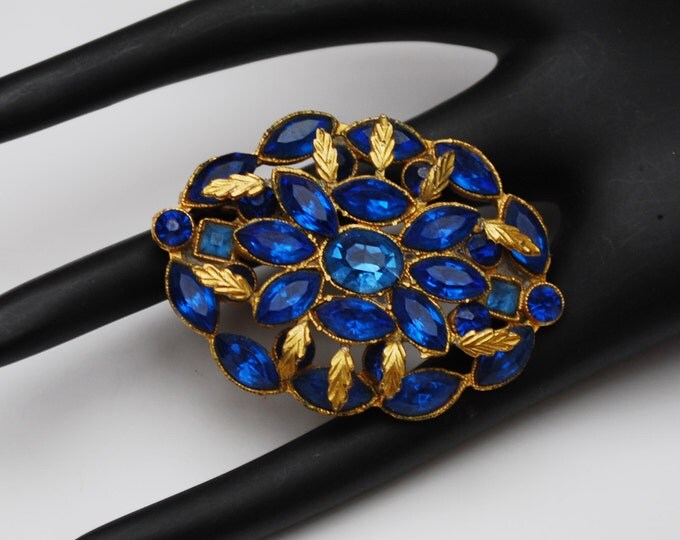 Colbalt Blue Rhinestone Brooch - Oval - Gold Leaf - Floral flower pin - Mid Century