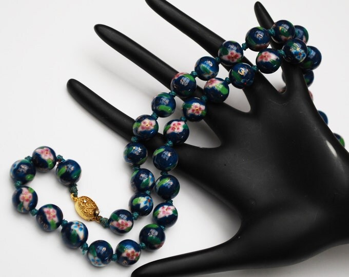 Cloisonne flower Bead Necklace - Aqua Turquoise Blue Green white gold Enameling - Hand knotted 12 mm Chinese beads - 25 inches