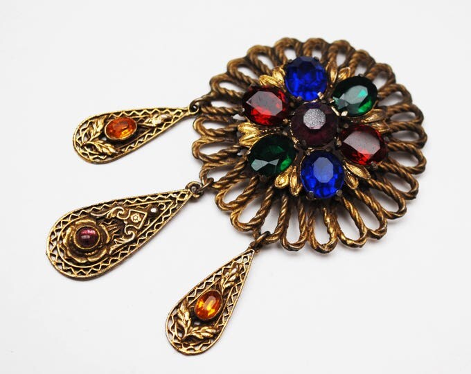 Colorful Rhinestone Brooch - red blue green Purple crystal - Dangle pin