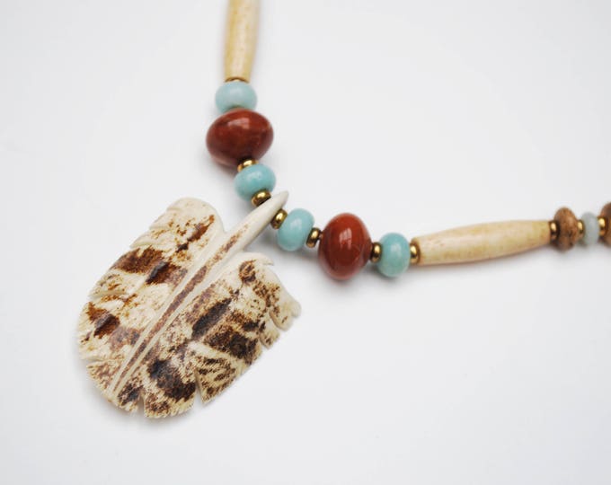 Boho Bone Feather Necklace - blue Chalcedony - Carnelian Jasper gemstone - brass gold beads