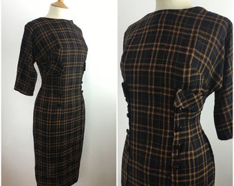 1950s Jeanne Juniors Dress - 50s Wiggle Dress - 50s Orange Black Checked Dress - Plaid Sheath dress - Pinup - Small - UK 8 / US 4 / EU 36 -