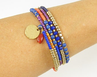 Colorful Beaded Bangle Bracelet Boho Multicolor Bangle Bracelet Blue Gold Red Orange Wrap Memory Wire Bracelet |B1-1
