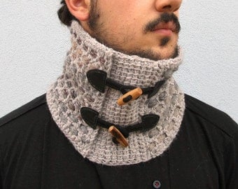 Crochet Grey Neck Warmer Neckwarmer for Man neck wrap Scarf with toggles Winter accessories man woman