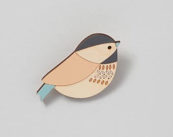 Wooden Bird Brooch - Bird Brooch - Coaltit - Mother's Day Gift
