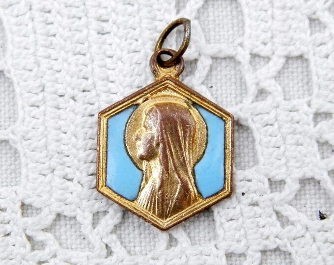 Vintage French Gold Plated Metal Alloy Pale Blue Enamel Religious Medal of the Virgin Mary from Lourdes, Christian Catholic Our Lady