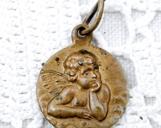 Small Antique French Brass Religious Medal of Angel, Cherub, Religion, Christian Jewelry, Catholic, Rosary, Shabby, Good Luck, Charm Small Antique French Brass Religious Medal of Angel, Cherub, Religion, Christian Jewelry, Catholic, Rosary, Shabby, Good Luck, Charm