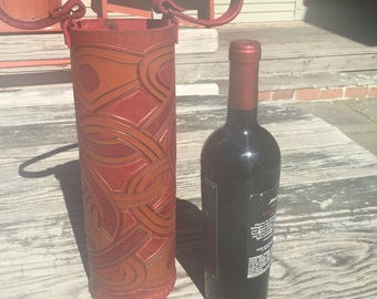 Wine Quiver / WIne Tote Tooled Leather in Burgundy and Brown - DREKI