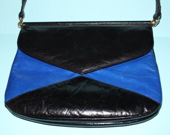 Gorgeous Vintage Charles Jourdan Leather Blue and Black Designer Handbag/Paris, Made in France.