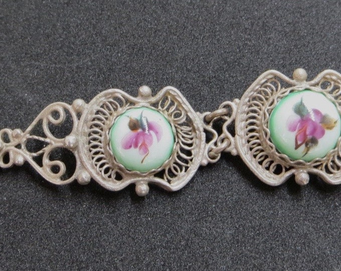 Vintage Silver Cannetille and Porcelain Bracelet, Roses and Leaves, Garden Wedding Bracelet