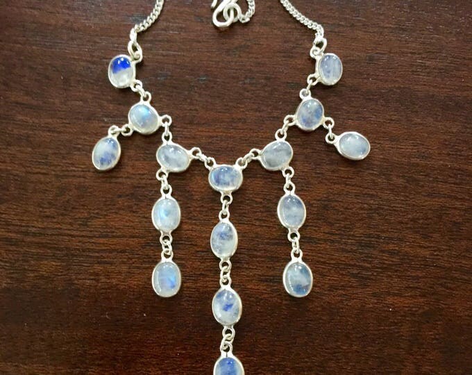 Sterling Moonstone Necklace, Vintage Festoon Bib Necklace, 16" Chain