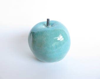 Pre-order, Ceramic sculpture, apple fruits, turquoise blue glaze, Ceramics and Pottery, home decoration