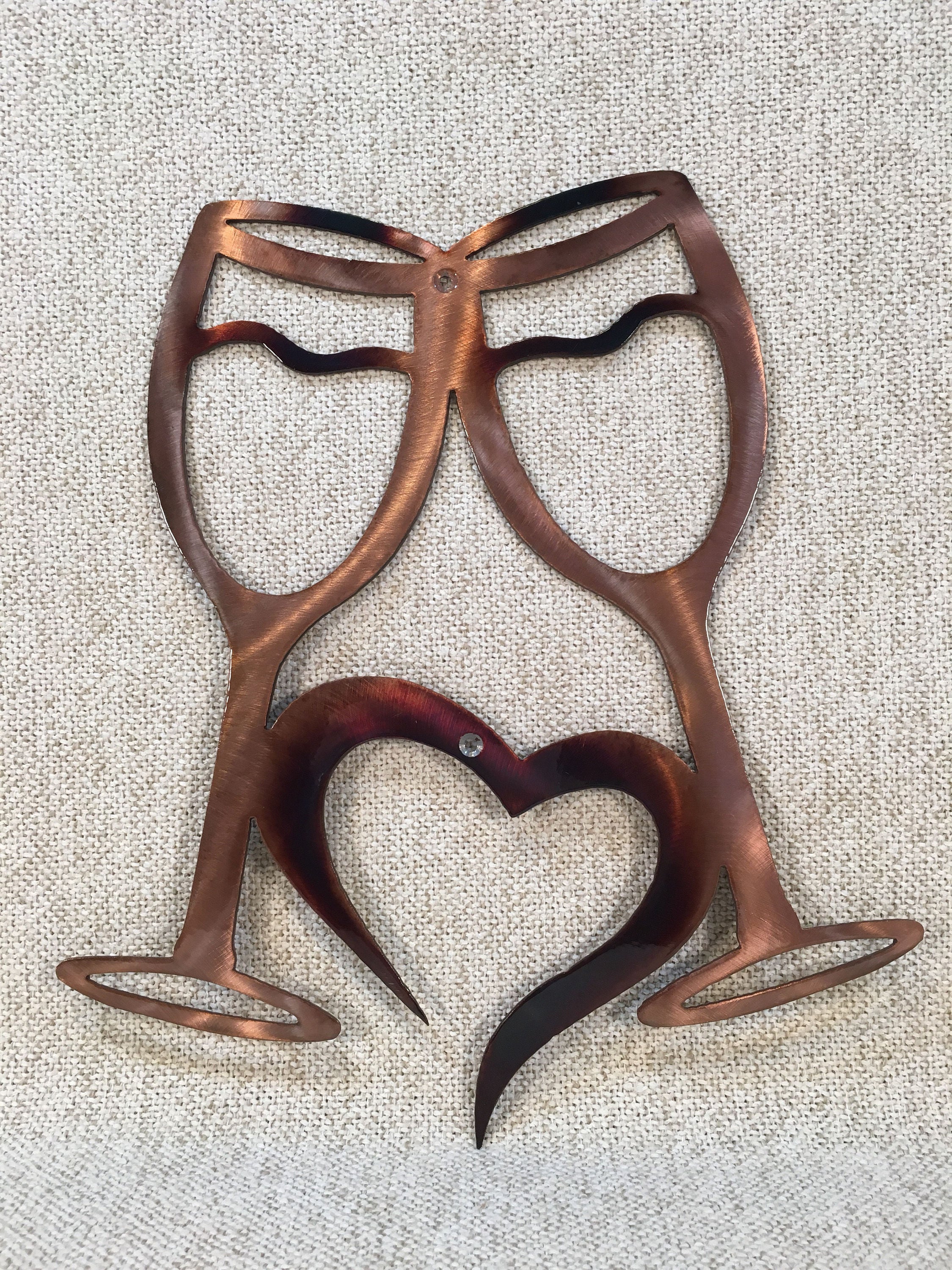 Wine Glasses w/ Heart Metal Wall Art Bar or Kitchen Decor