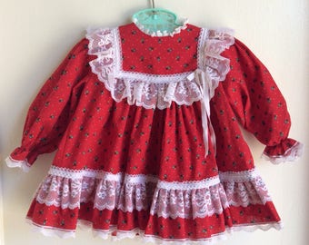 VTG Collection For Children Red Christmas Holiday Dress White Lace Green Flowers Sz 18M