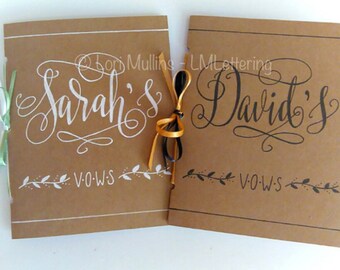 Personalized Handcrafted Hand-Lettered Wedding Vow Books, Kraft Card Stock, Black And White Ink, Choice of Ribbon Colors, Set of 2