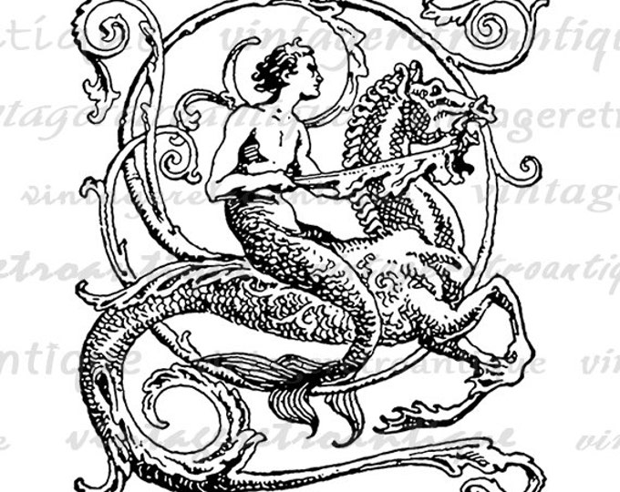 Printable Graphic Merman and Seahorse Download Antique Illustration Digital Image Vintage Clip Art Jpg Png Eps HQ 300dpi No.3005