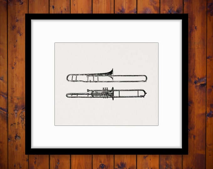 Printable Image Two Trombones Download Brass Instrument Graphic Music Illustration Digital Antique Clip Art Jpg Png HQ 300dpi No.1122