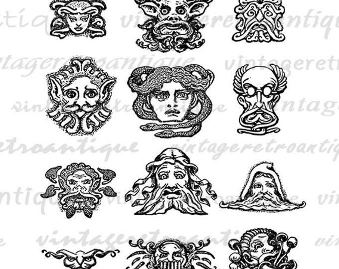 Classical Mythical Faces Printable Graphic Digital Greek Heads Image Download Antique Clip Art Jpg Png Eps HQ 300dpi No.1575