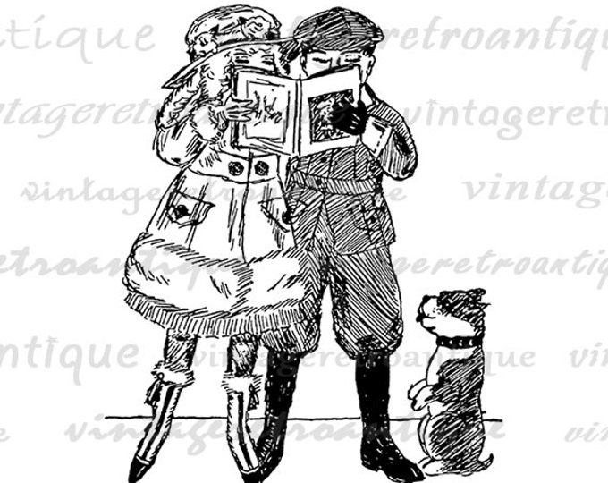 Boy and Girl Reading Book with Dog Image Digital Download Printable Graphic Vintage Clip Art Jpg Png Eps HQ 300dpi No.3200