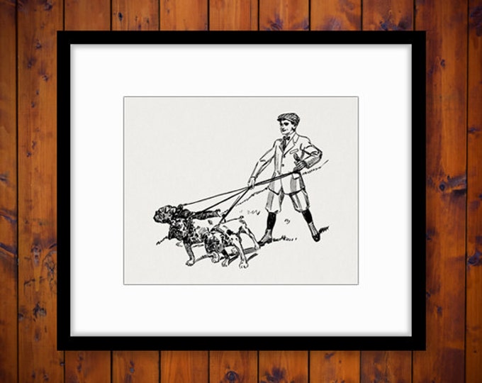 Printable Digital Boy Walking Bulldogs Image Dog Graphic Download Vintage Clip Art Jpg Png Eps HQ 300dpi No.1164