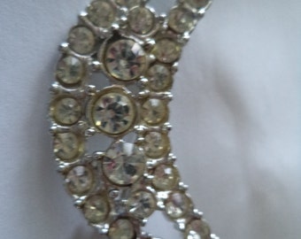 Fabulous Unsigned Silvertone/AB Stones Crescent Moon Brooch/Pin