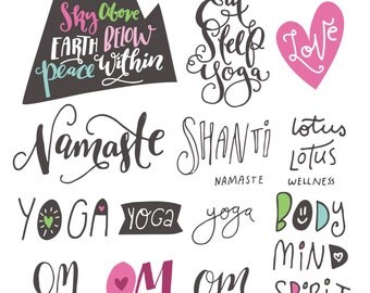 30% OFF *** Yoga Phrases & Lotus Flowers // Namaste Shanti Om // Zen Clipart Teacher Body Mind Spirit SVG Vector Files // Commercial Use