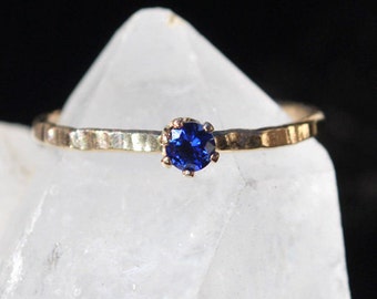 Sapphire Ring - September Birthstone - Durable Hammered Gold Ring - Dainty Ring - Stacking Ring - Mothers Ring - Gemstone Ring - Faceted