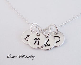Monogram Letters Necklace - 8mm Round Initial Charms - Personalized 925 Sterling Silver Jewelry - Mother's Necklace - Children's Initials