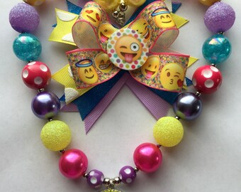 Flash Sale Emoticion Rhinestone pendant ,Emoji,Wink,Sticking out tongue,Emoji face, Chunky bead necklace ,Emoji ribbon hair bow clip set