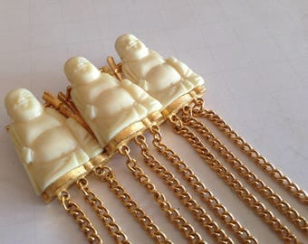 Rare French Designer Pauline Trigere Haute Couture Carved Lucite Smiling Buddha Runway Statement Dangle Brooch Pin Jewelry Signed Trigere