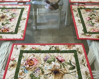 Quilted Placemats, Floral Placemats, Hand made Placemats, Sold in Sets of 4, Spring Table settings, Table Placemats, Botanical Placemats,