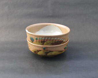 Pair Nancy Patterson Lamb Iron Mountain "Over The Hills" Stoneware Soup / Cereal Bowls - Iron Mountain Pottery, Tennessee 1970s HTF