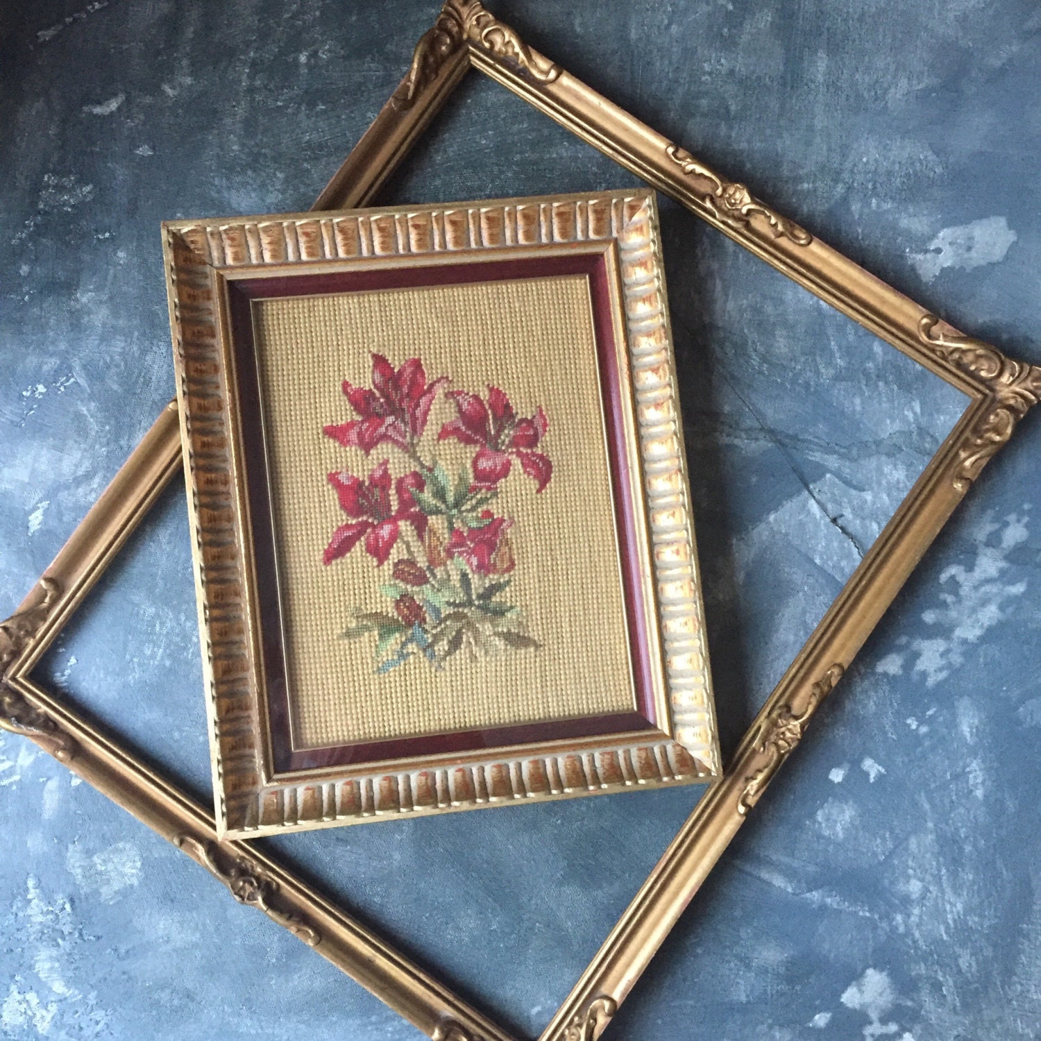 Vintage Floral Framed Needlepoint Vintage Needlework