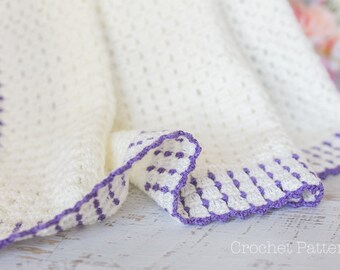 Crochet Pattern - Crochet Baby Blanket Pattern, Crochet Afghan Pattern, Ivory Cream White with Purple Border