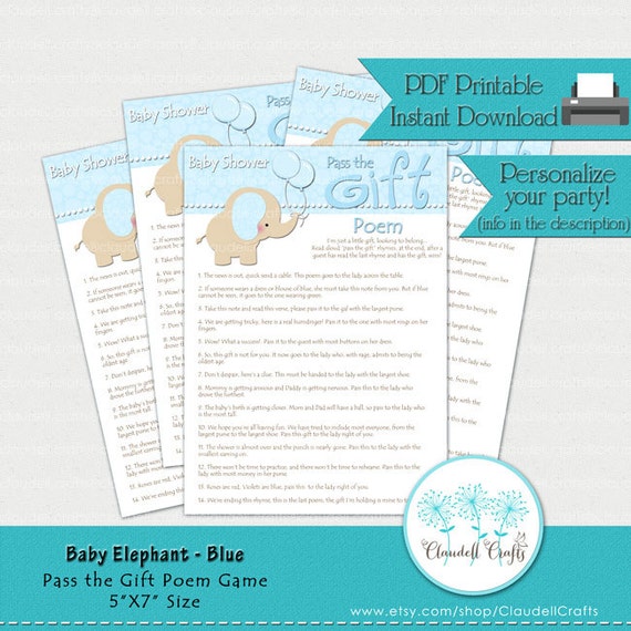 Baby Elephant  Blue Pass The Gift Poem Baby Shower Game Card by Claudell Crafts  Catch My Party