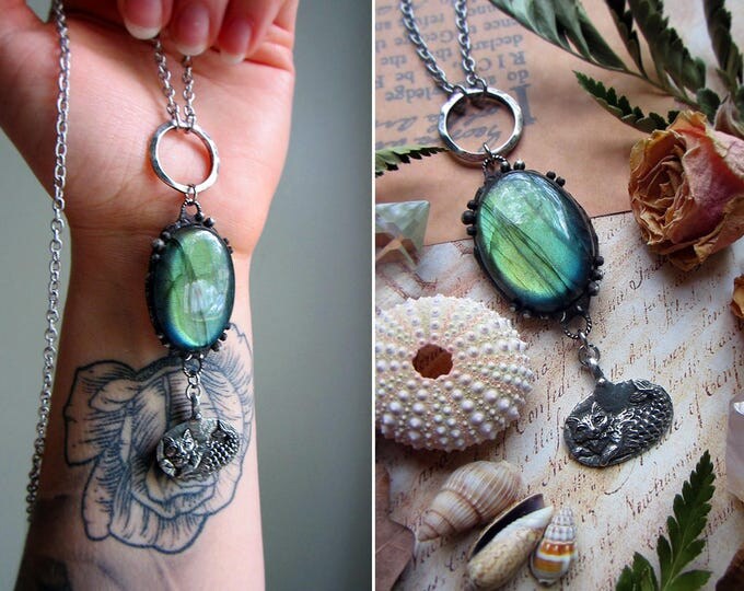 Necklace "Purrmaid" with beautiful labradorite paired with adorable rustic kitty mermaid pendant. Custom length chain.