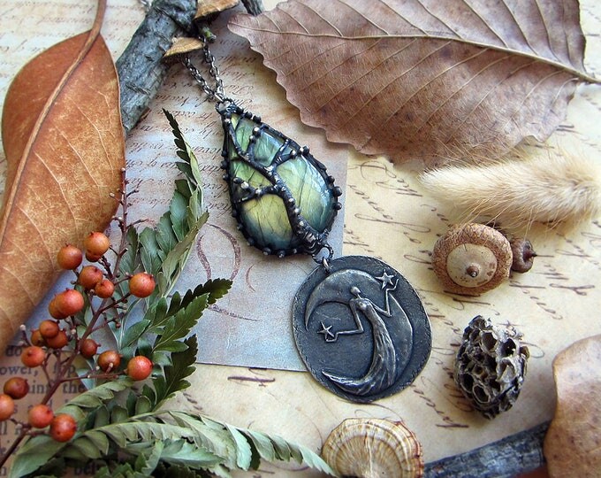Necklace "Night" with tree of life on labradorite and rustic pendant with goddess, stars & crescent moon. Custom length chain.