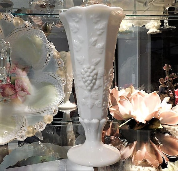 Milk Glass Vase Westemoreland Paneled Grape 1960s 60s Mid Century Vintage Wedding Country Cottage Home Decor Farmhouse Table Milkglass Tall