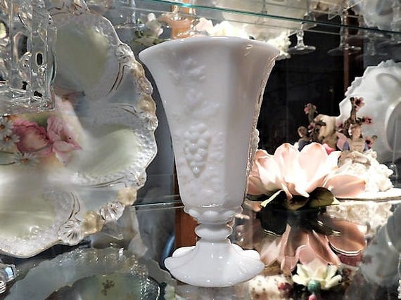 Milk Glass Vase Paneled Grape Westmoreland 1960s 60s Mid Century Vintage Wedding Country Cottage Home Decor Farmhouse Table Milkglass Medium