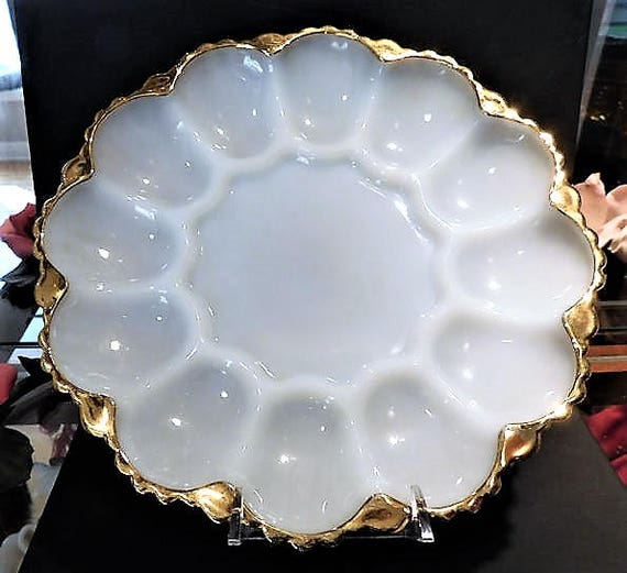 Milk Glass Wedding Decor Mid Century 1960s Vintage Deviled Egg Plate White Milk Glass Wedding Table Decoration Reception Cottage Home Decor