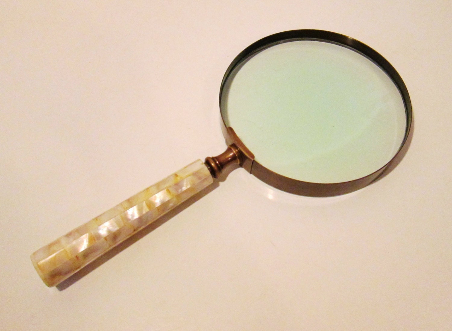 Extra Large Bronze Magnifying Glass With Mother Of Pearl