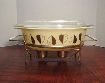 Vintage Pyrex Golden Hearts Promotional Casserole With Lid and Warmer Stand