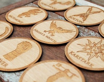 Game of Thrones Coasters - Battle of the bastard set, High Quality Engraved on round wood shape.