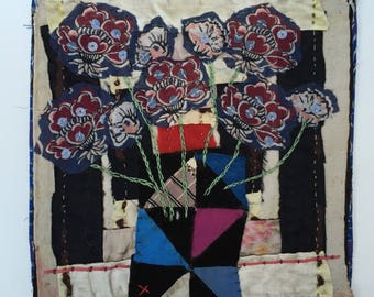 Flower Still Life.Hand Appliqued and Embroidered Textile Collage