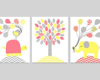Coral Yellow Grey, Baby Girl Nursery, Girl Room Decor, Baby Art Prints, Elephant Nursery, Turtle Nursery, Baby Shower Gift, Baby Room Decor