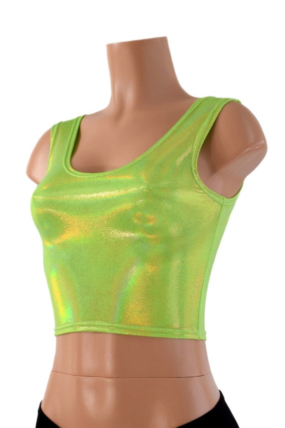 Lime Green Holographic Tank Style Crop Top Sleeveless Lycra
