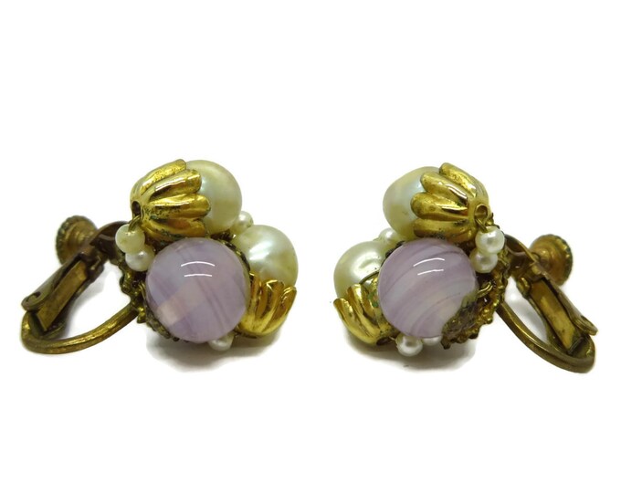 Vintage MIRIAM HASKELL Faux Pearl and Purple Bead Earrings, Clip-on Screwback Cluster Earrings