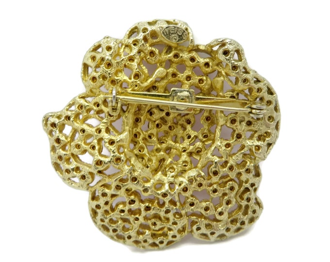 WEISS Pink Rose Rhinestone Gold Tone Flower Brooch, Vintage Pin