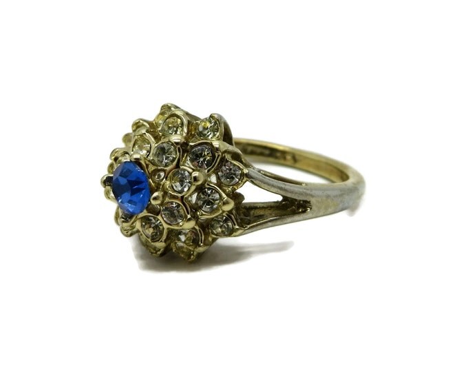 Sapphire Glass Cocktail Ring, Vintage Blue and White 14kt Gold Plated Ring, Size 7.25