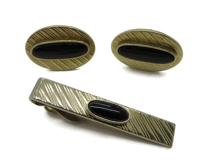 Swank Cufflinks Set, Vintage Onyx Cufflinks Tie Clip, Gold Tone Cufflink Set, Men's Suit Accessory, Gift for Him